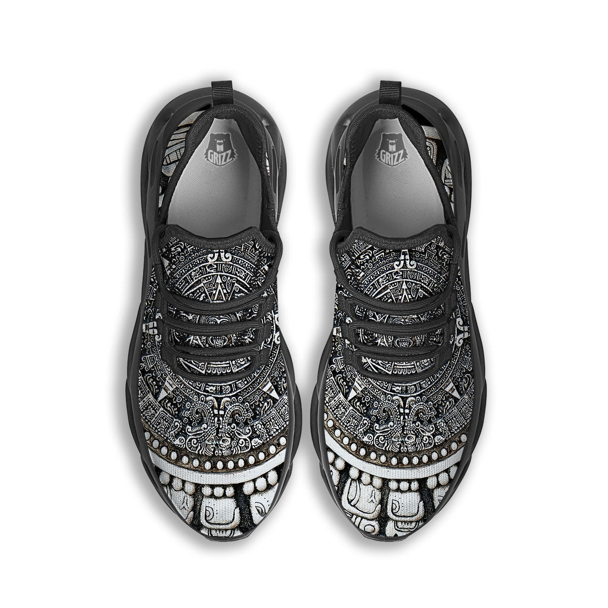 White And Black Maya Calendar Print Black Running Shoes-grizzshop