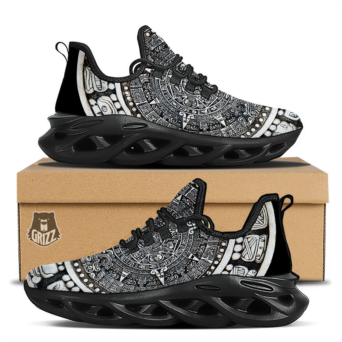 White And Black Maya Calendar Print Black Running Shoes-grizzshop