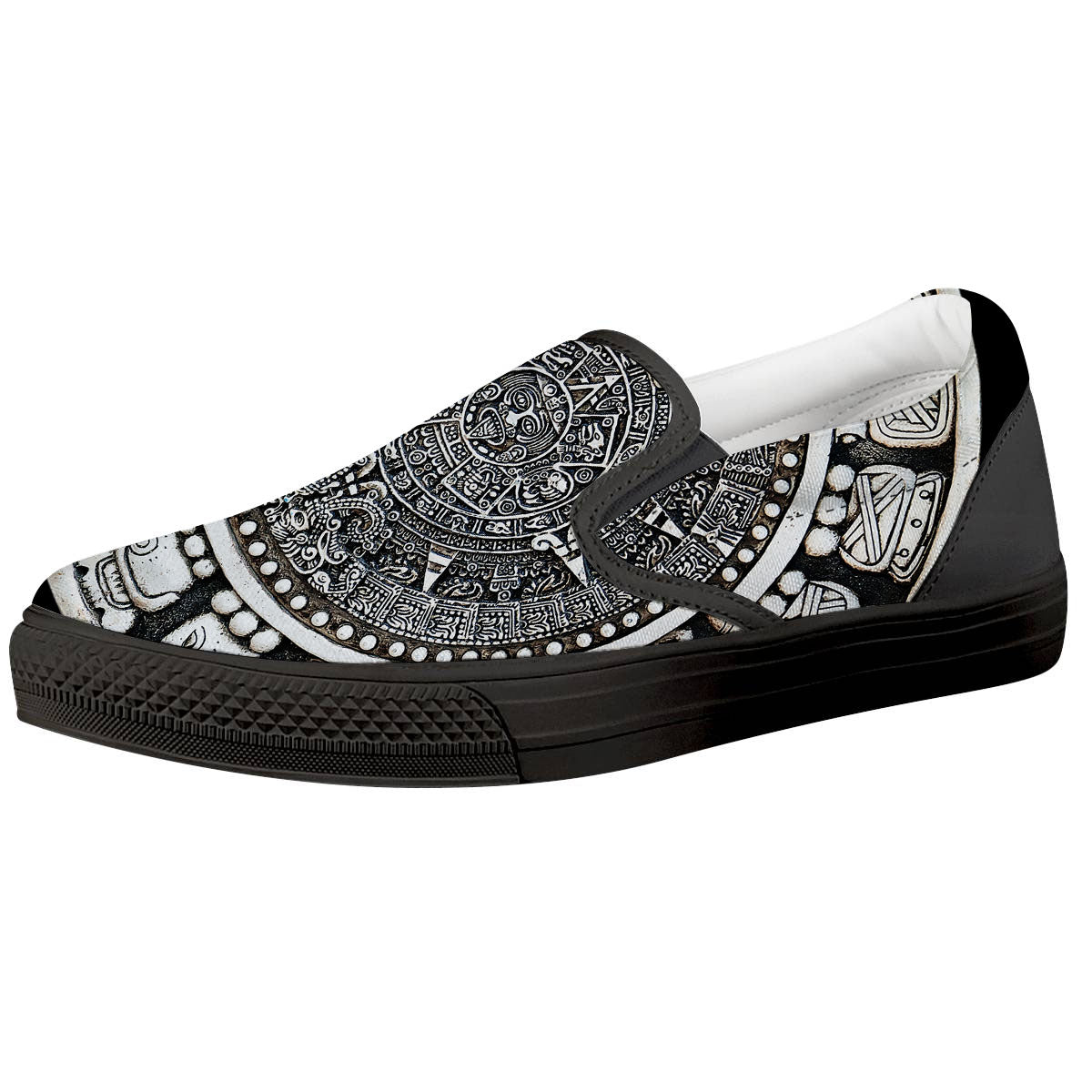 White And Black Maya Calendar Print Black Slip On Shoes-grizzshop