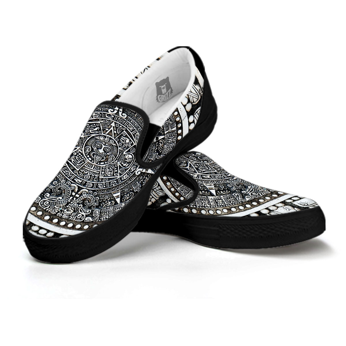 White And Black Maya Calendar Print Black Slip On Shoes-grizzshop