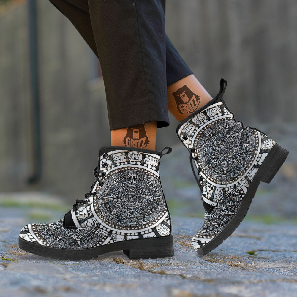 White And Black Maya Calendar Print Leather Boots-grizzshop