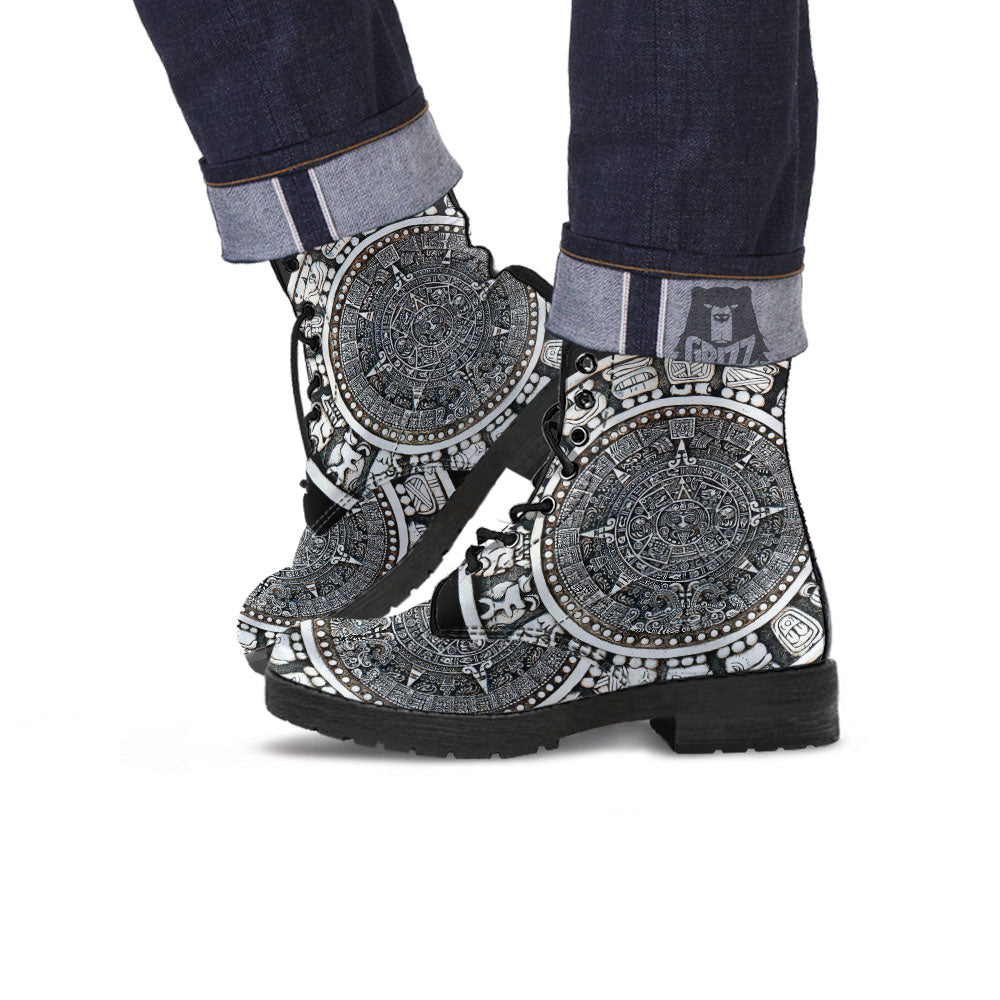White And Black Maya Calendar Print Leather Boots-grizzshop