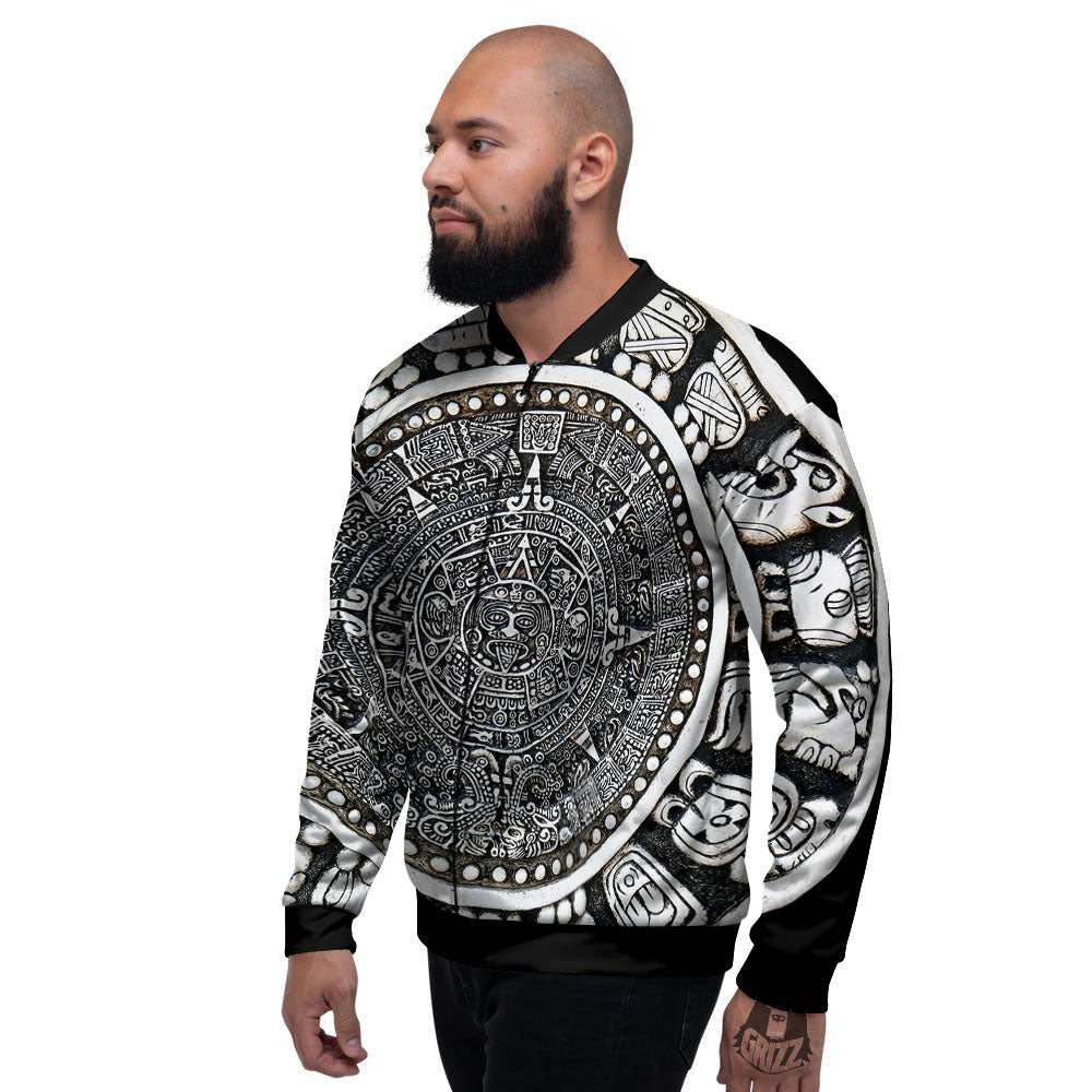 White And Black Maya Calendar Print Men's Bomber Jacket-grizzshop