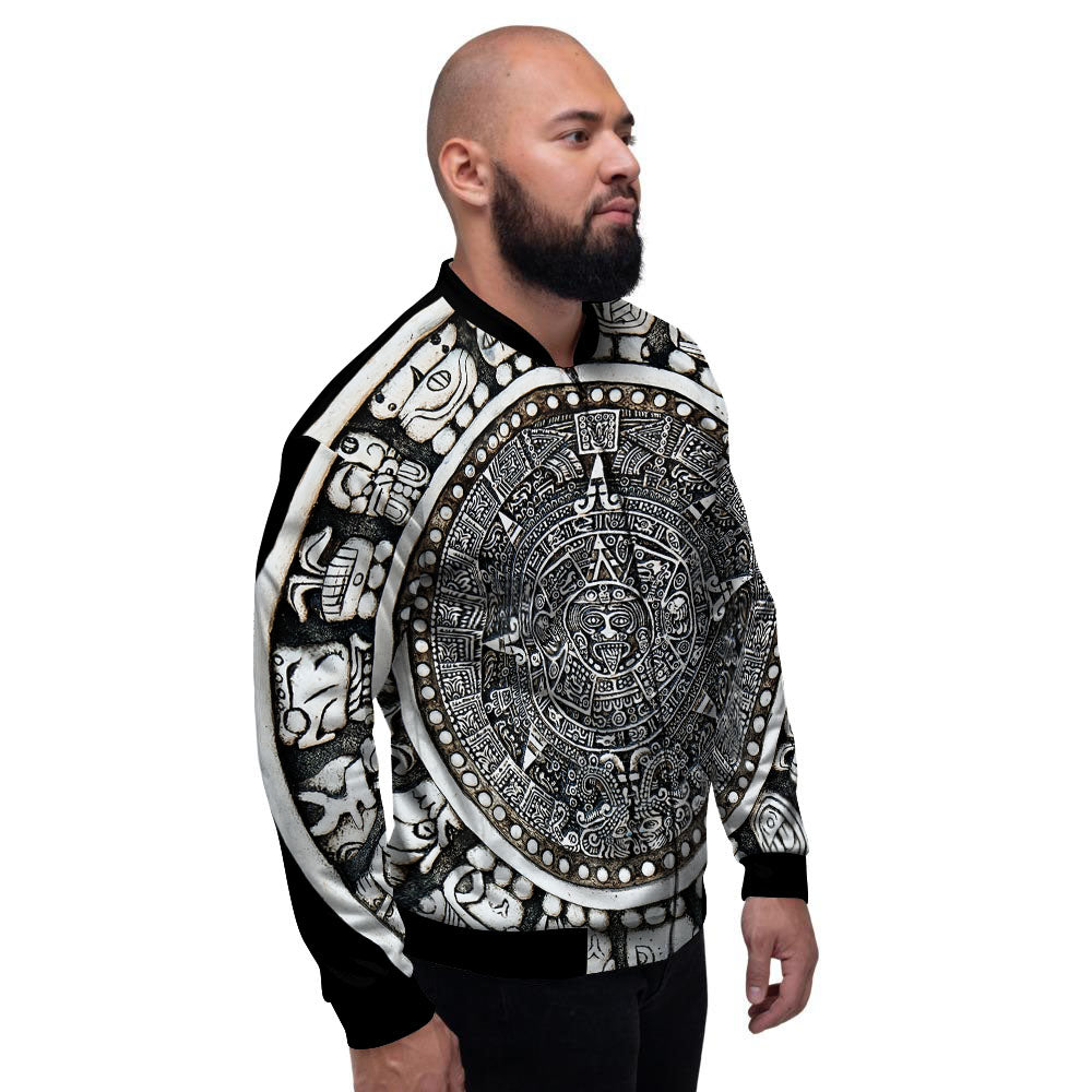 White And Black Maya Calendar Print Men's Bomber Jacket-grizzshop