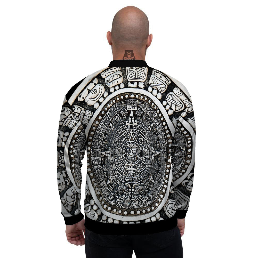 White And Black Maya Calendar Print Men's Bomber Jacket-grizzshop