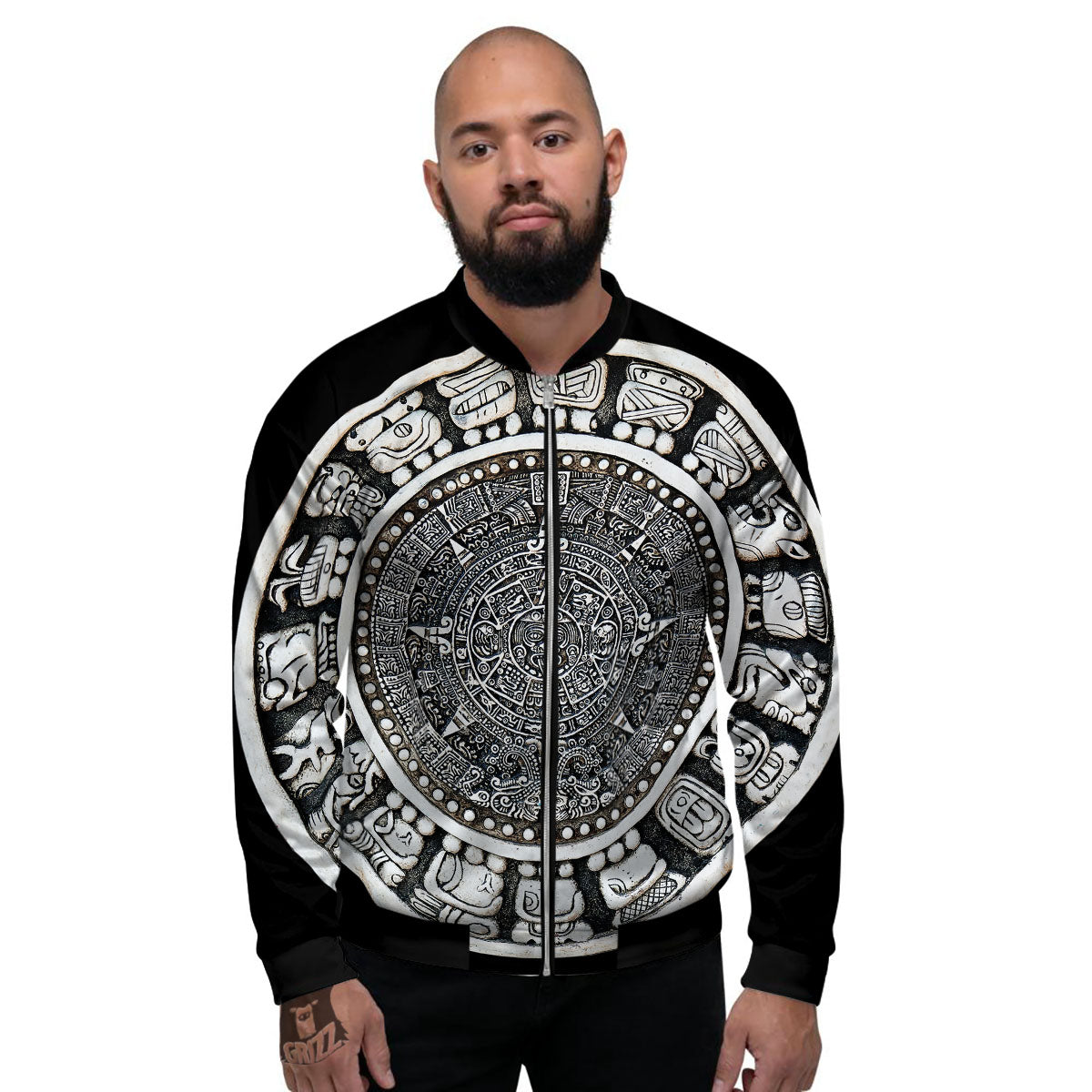 White And Black Maya Calendar Print Men's Bomber Jacket-grizzshop
