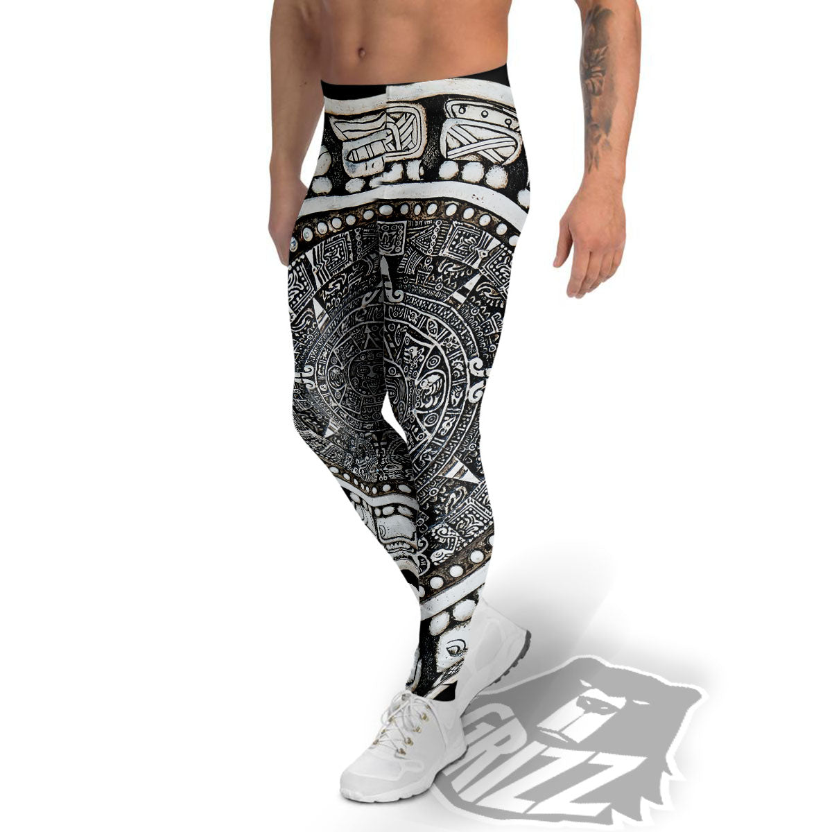 White And Black Maya Calendar Print Men's Leggings-grizzshop