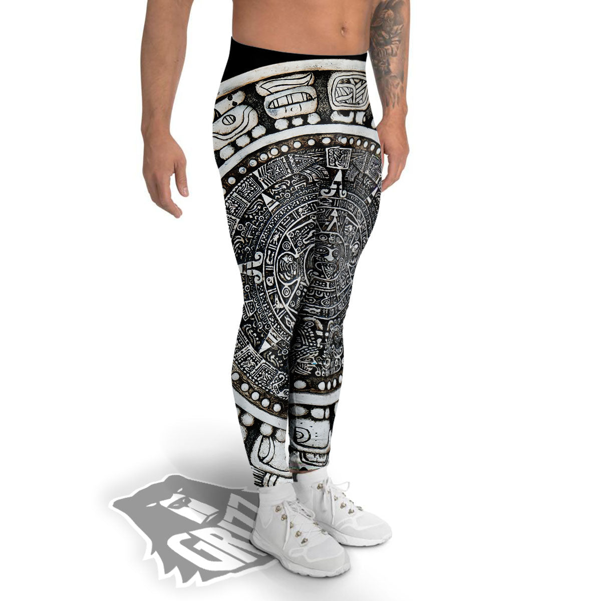 White And Black Maya Calendar Print Men's Leggings-grizzshop