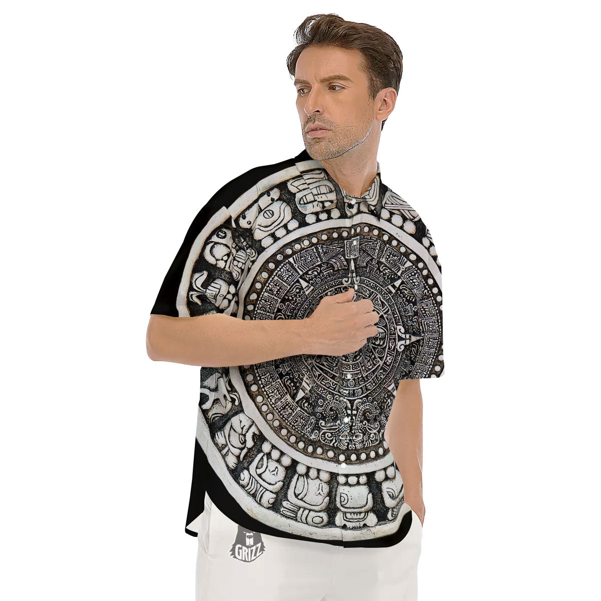 White And Black Maya Calendar Print Men's Short Sleeve Shirts-grizzshop