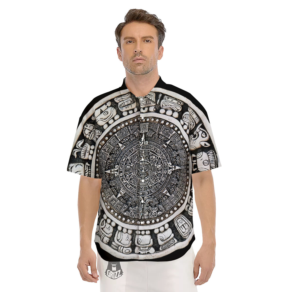 White And Black Maya Calendar Print Men's Short Sleeve Shirts-grizzshop