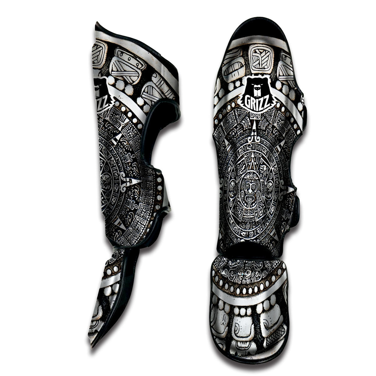 White And Black Maya Calendar Print Muay Thai Shin Guards-grizzshop