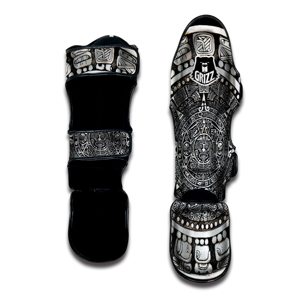 White And Black Maya Calendar Print Muay Thai Shin Guards-grizzshop