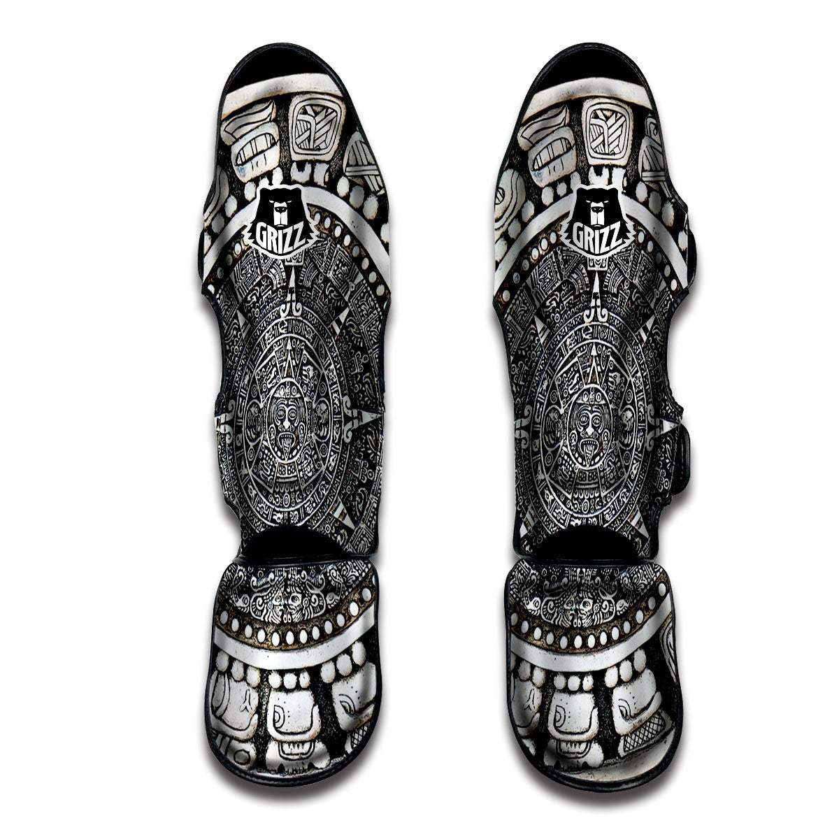 White And Black Maya Calendar Print Muay Thai Shin Guards-grizzshop