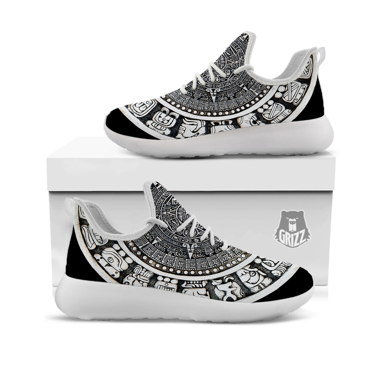 White And Black Maya Calendar Print White Athletic Shoes-grizzshop