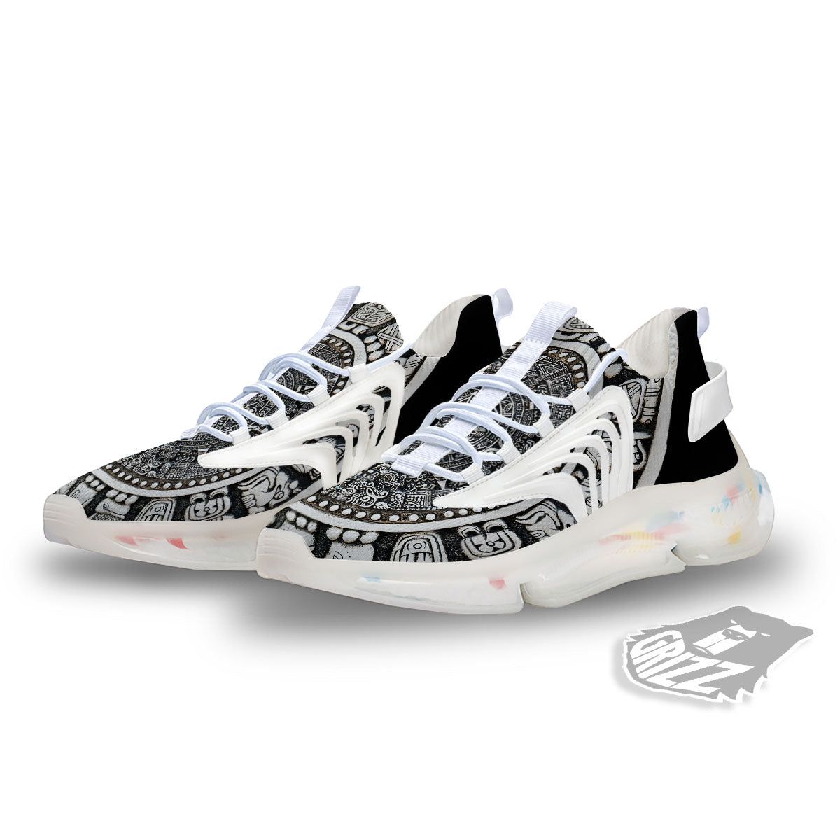White And Black Maya Calendar Print White Gym Shoes-grizzshop