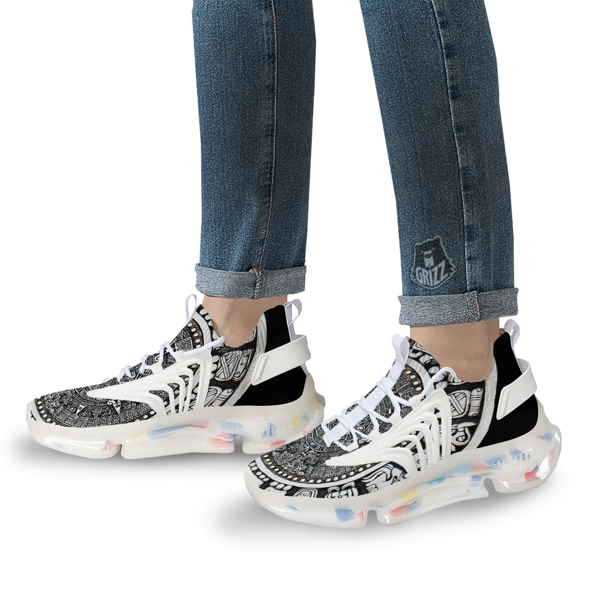 White And Black Maya Calendar Print White Gym Shoes-grizzshop