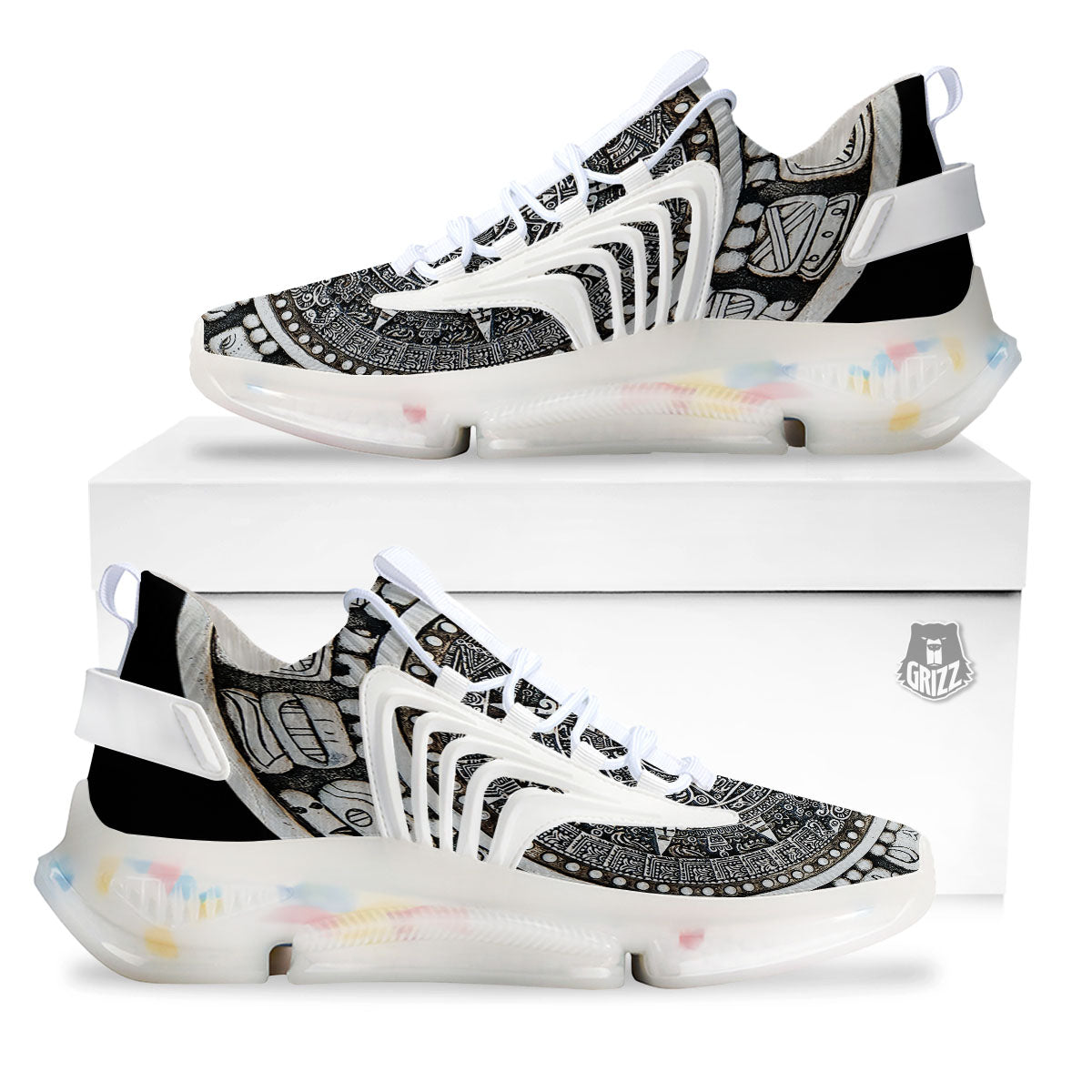 White And Black Maya Calendar Print White Gym Shoes-grizzshop