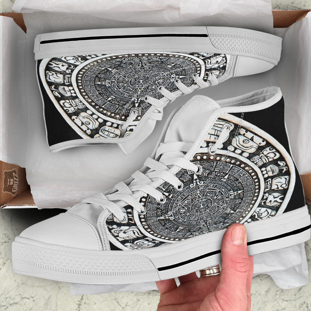 White And Black Maya Calendar Print White High Top Shoes-grizzshop