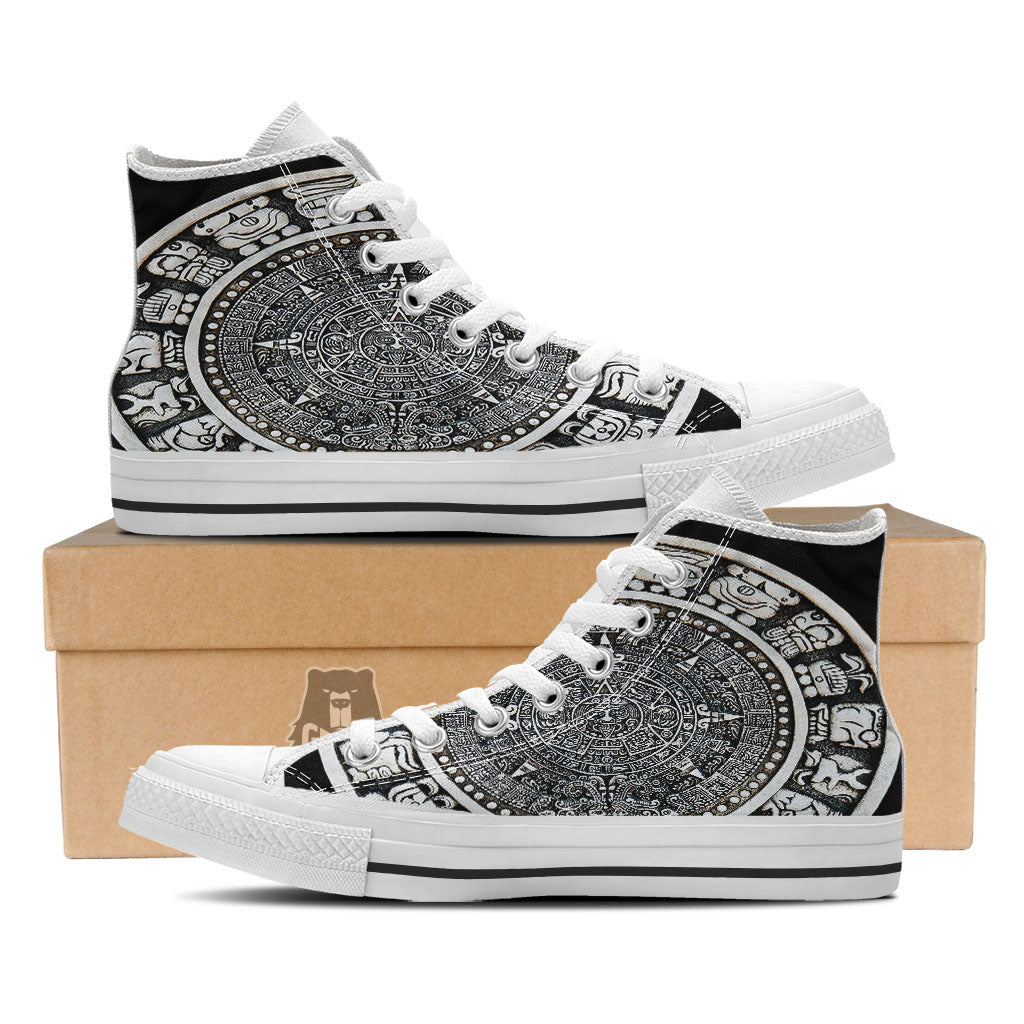 White And Black Maya Calendar Print White High Top Shoes-grizzshop