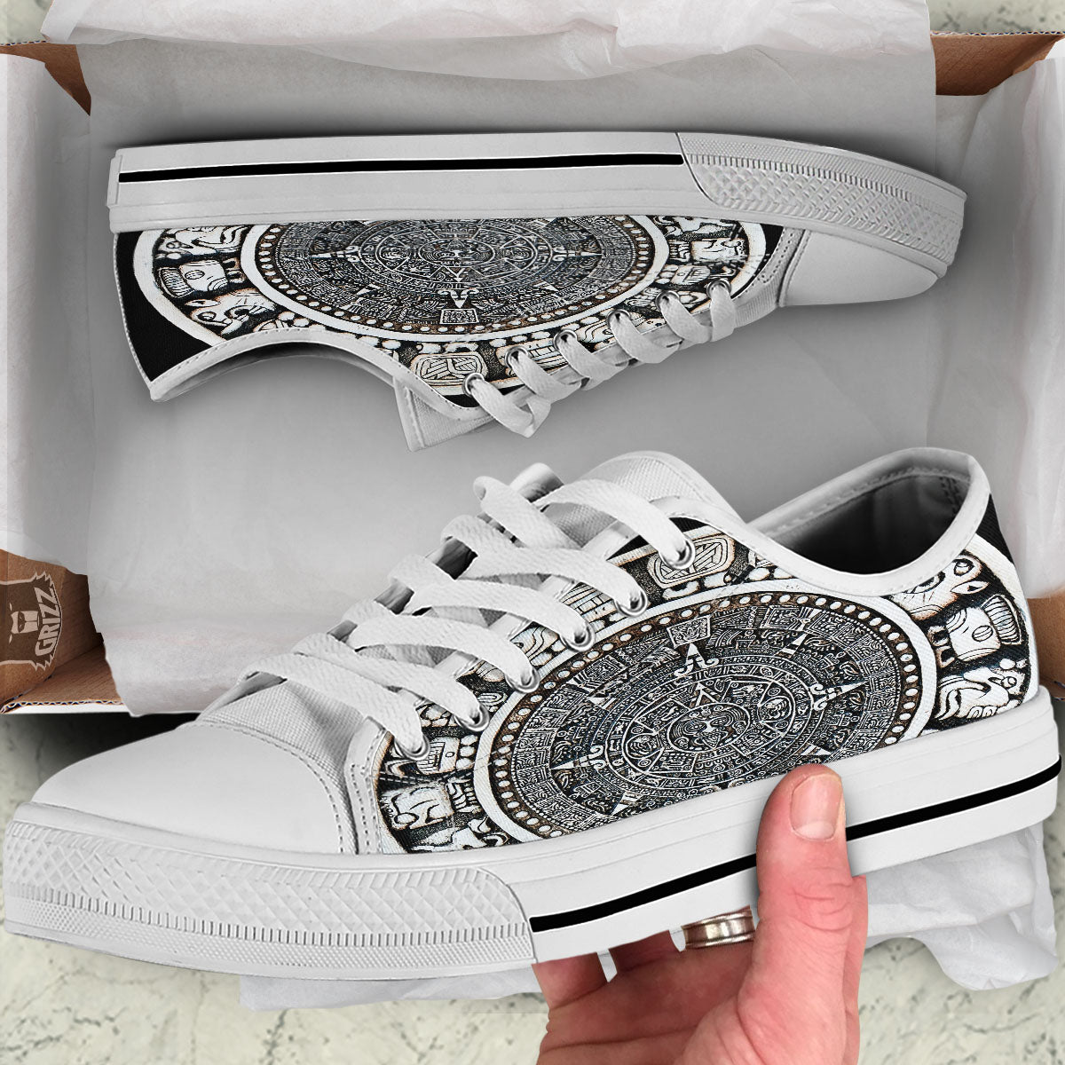 White And Black Maya Calendar Print White Low Top Shoes-grizzshop