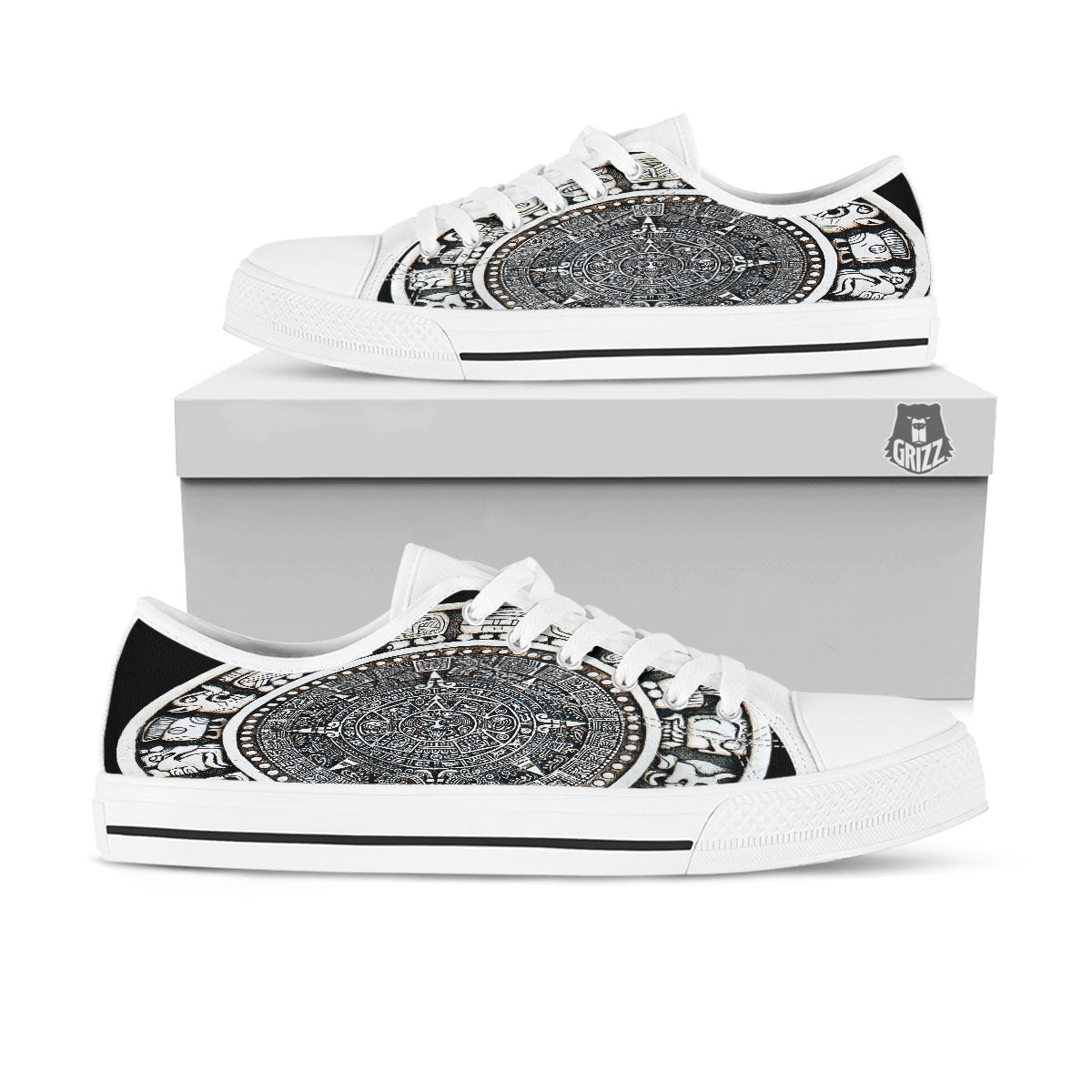 White And Black Maya Calendar Print White Low Top Shoes-grizzshop