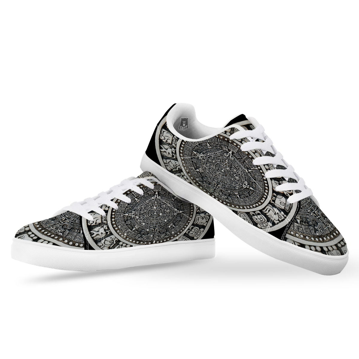 White And Black Maya Calendar Print White Low Top Sneakers-grizzshop