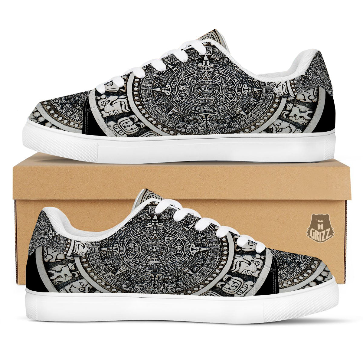 White And Black Maya Calendar Print White Low Top Sneakers-grizzshop