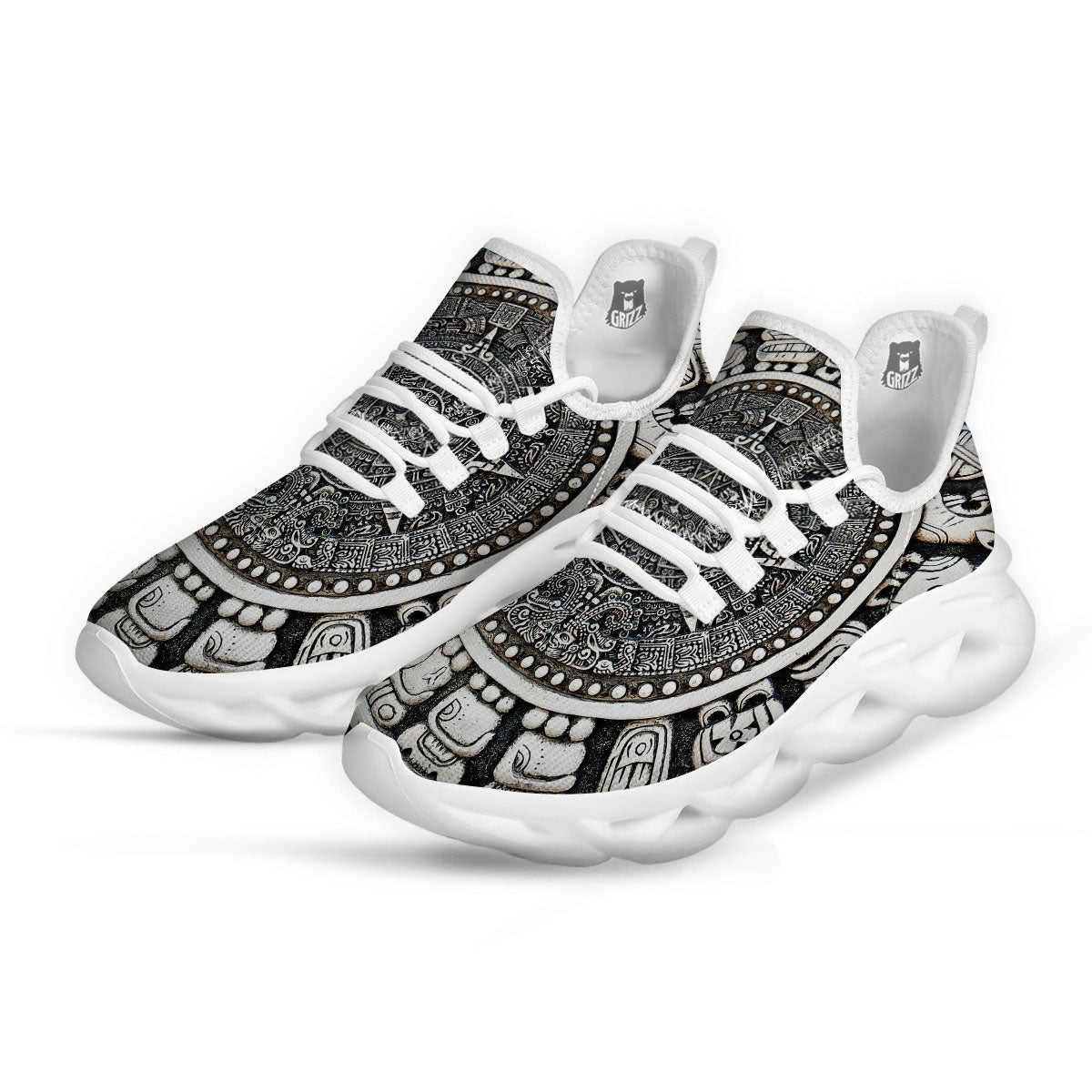 White And Black Maya Calendar Print White Running Shoes-grizzshop