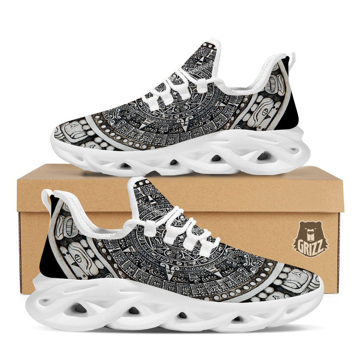 White And Black Maya Calendar Print White Running Shoes-grizzshop