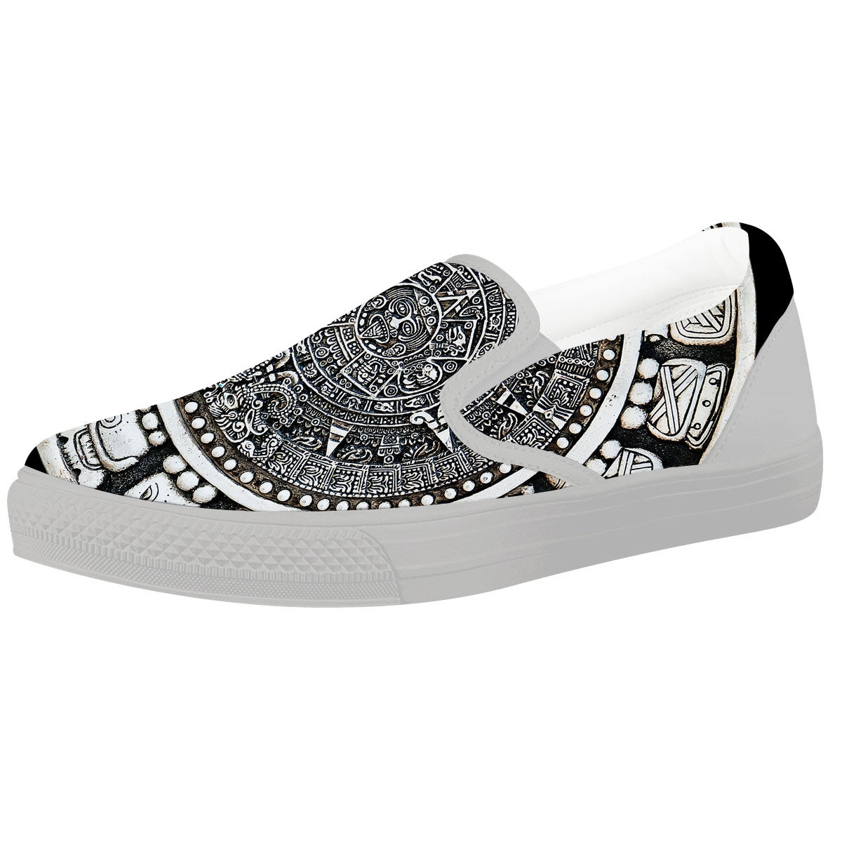 White And Black Maya Calendar Print White Slip On Shoes-grizzshop