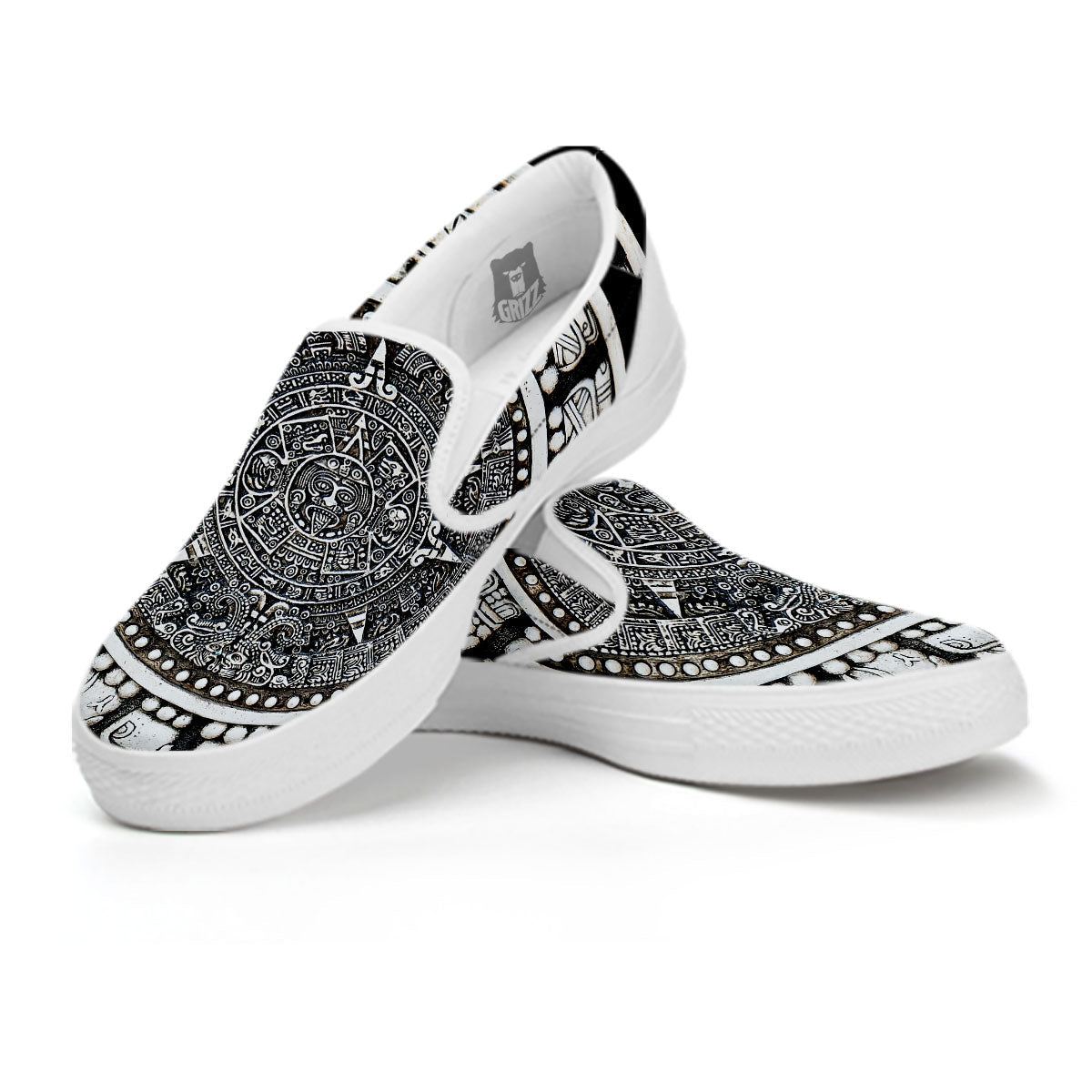 White And Black Maya Calendar Print White Slip On Shoes-grizzshop