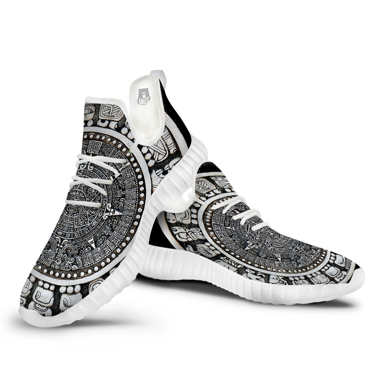 White And Black Maya Calendar Print White Walking Shoes-grizzshop