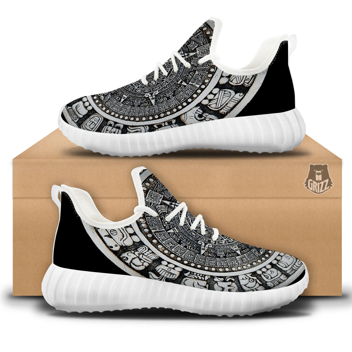 White And Black Maya Calendar Print White Walking Shoes-grizzshop