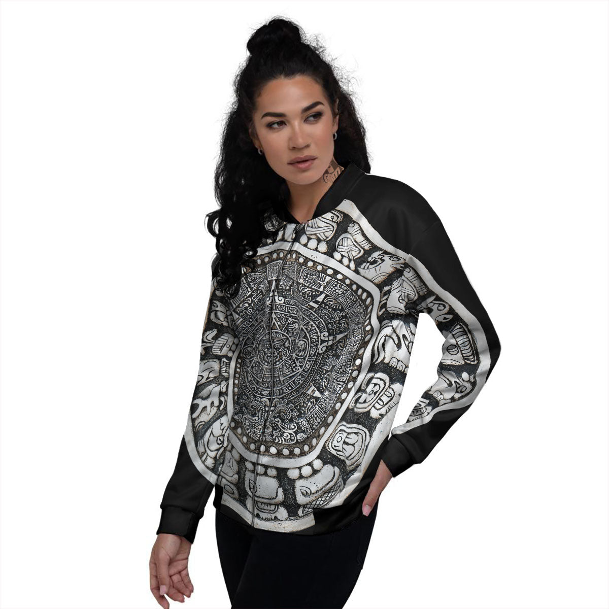 White And Black Maya Calendar Print Women's Bomber Jacket-grizzshop