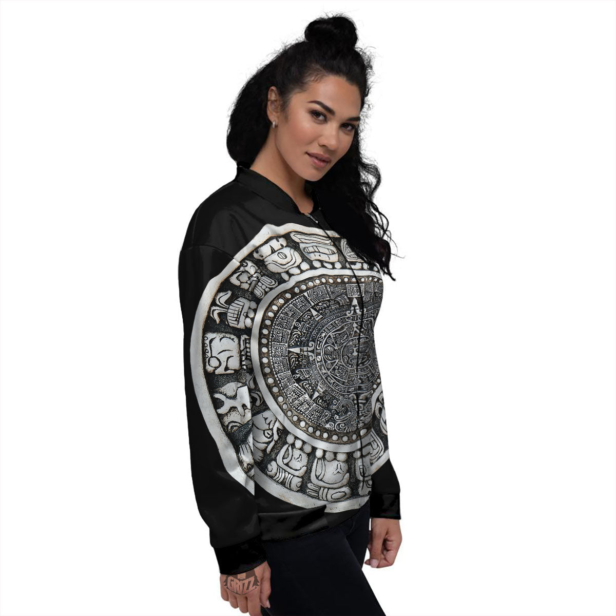 White And Black Maya Calendar Print Women's Bomber Jacket-grizzshop