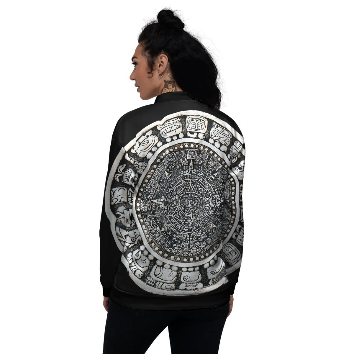 White And Black Maya Calendar Print Women's Bomber Jacket-grizzshop