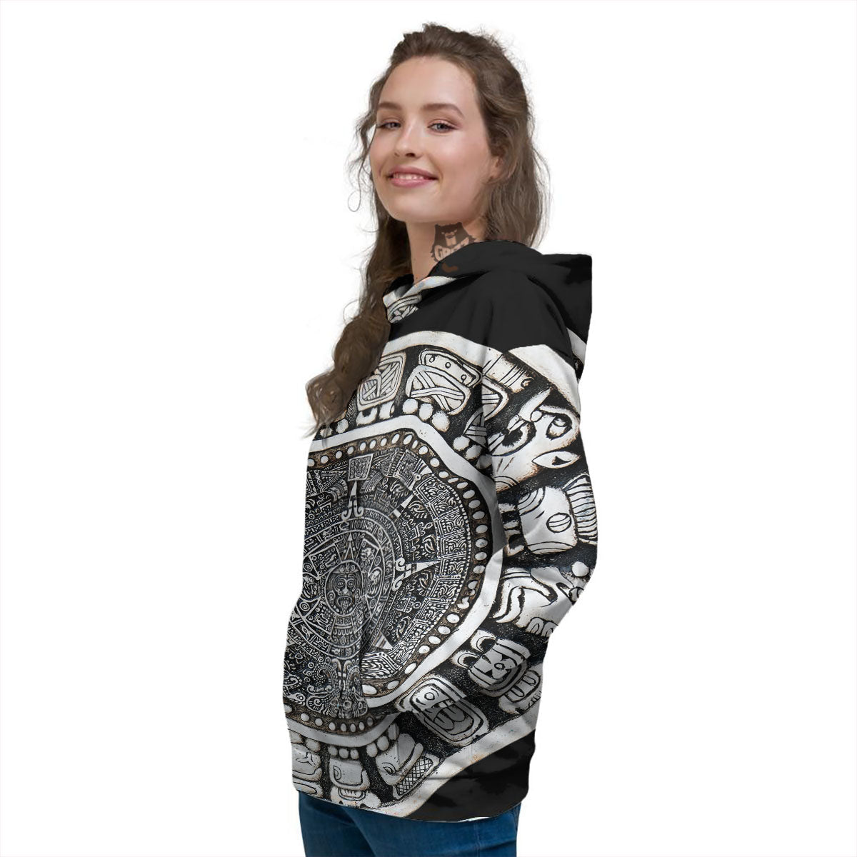 White And Black Maya Calendar Print Women's Hoodie-grizzshop