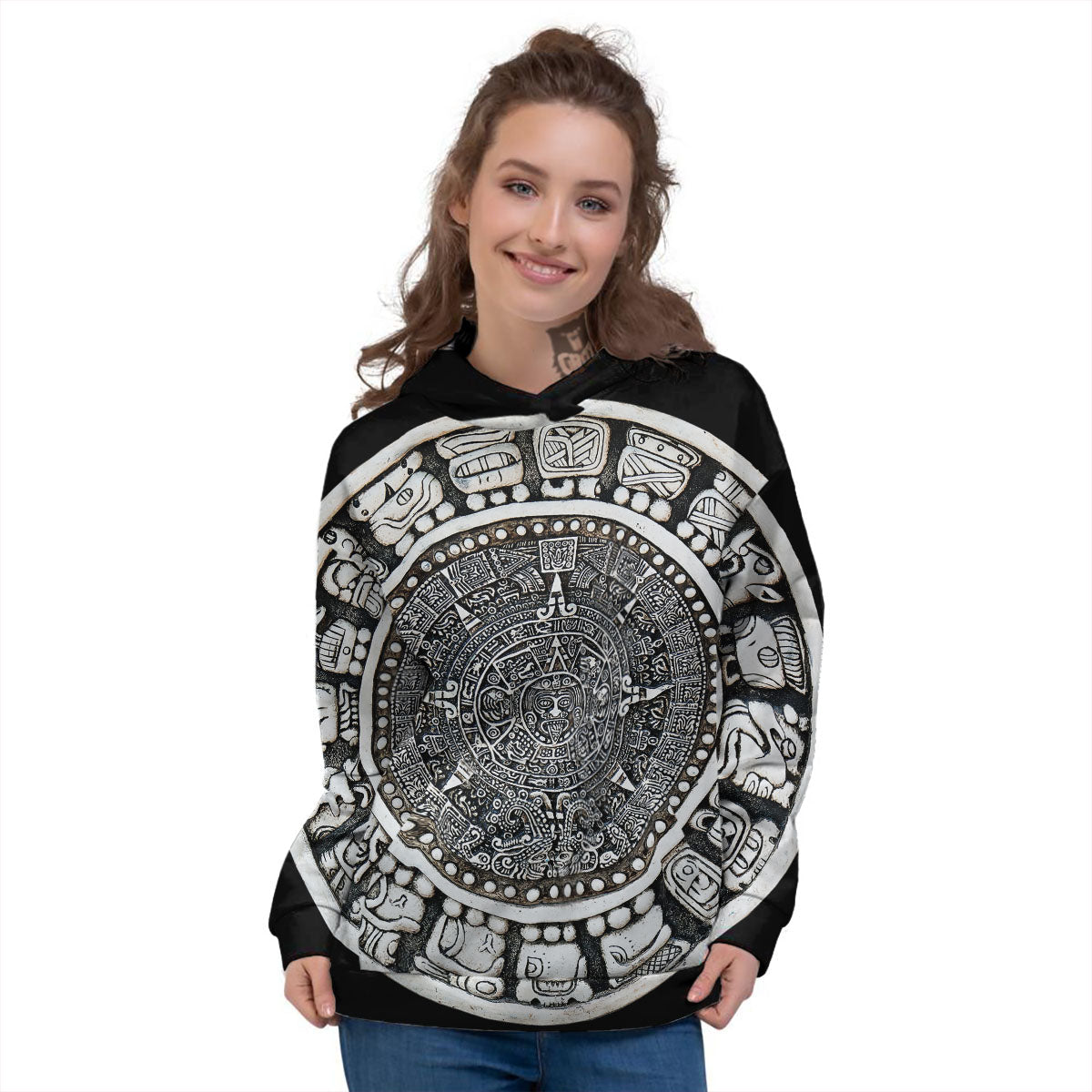 White And Black Maya Calendar Print Women's Hoodie-grizzshop