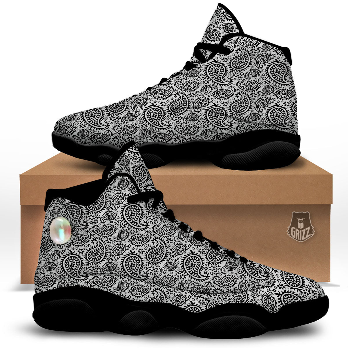 White And Black Paisley Print Pattern Black Basketball Shoes-grizzshop