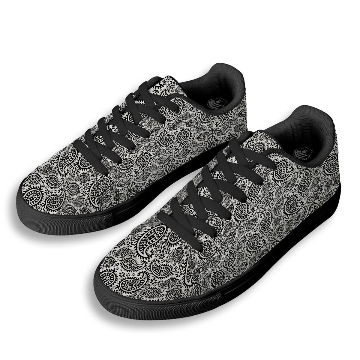 White And Black Paisley Print Pattern Black Low Top Sneakers-grizzshop
