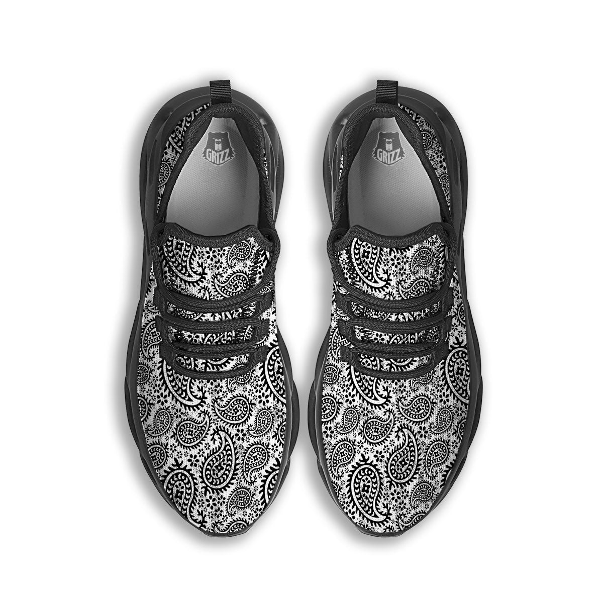 White And Black Paisley Print Pattern Black Running Shoes-grizzshop