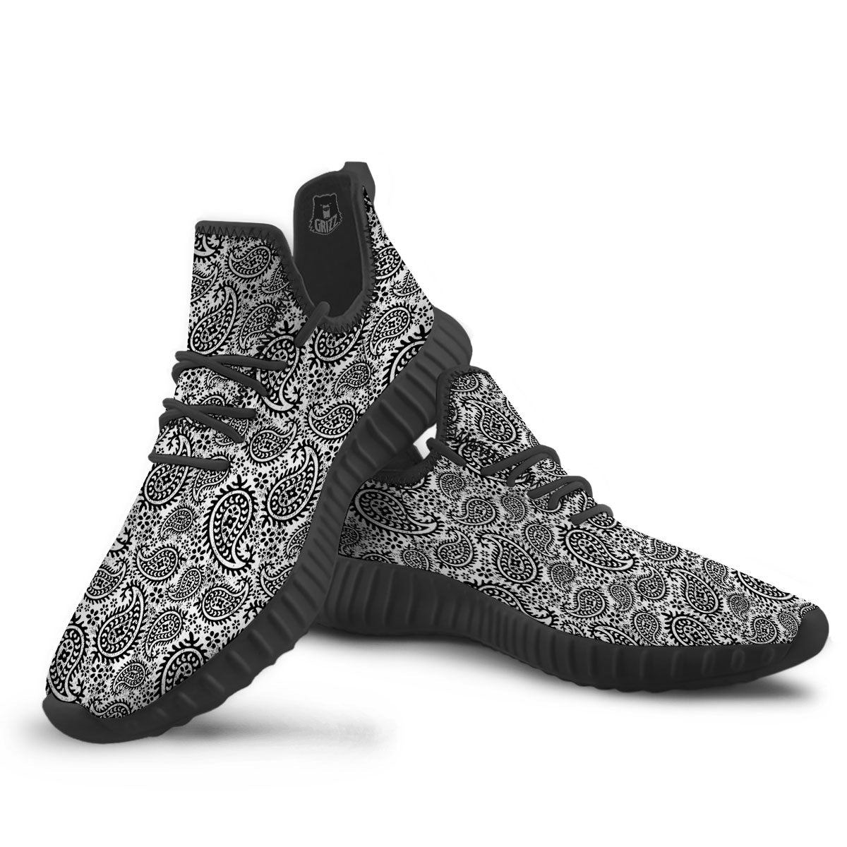 White And Black Paisley Print Pattern Black Walking Shoes-grizzshop