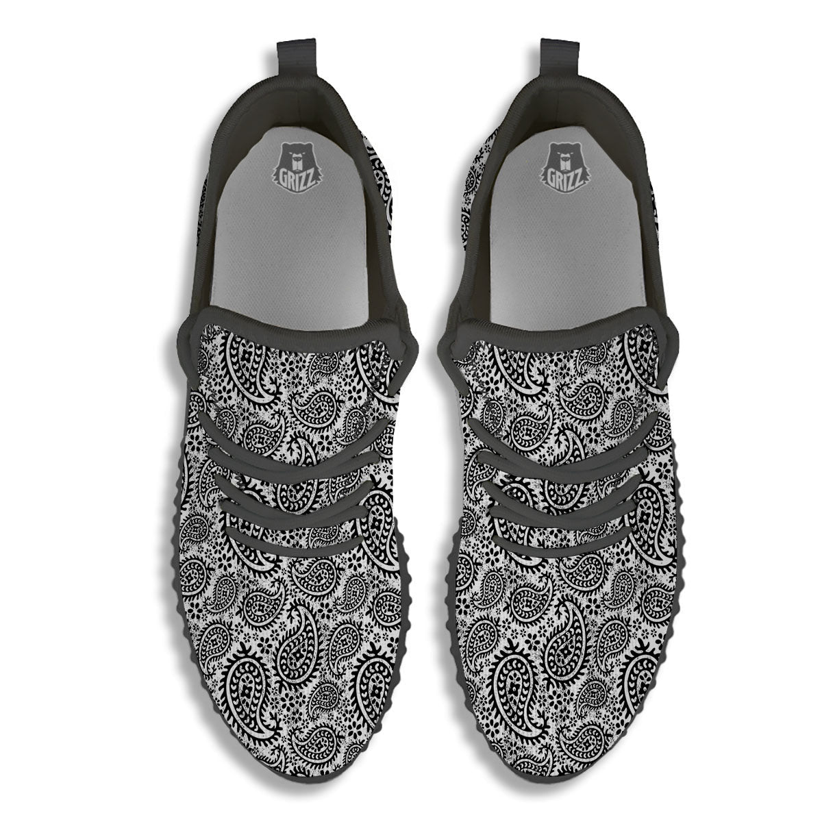 White And Black Paisley Print Pattern Black Walking Shoes-grizzshop