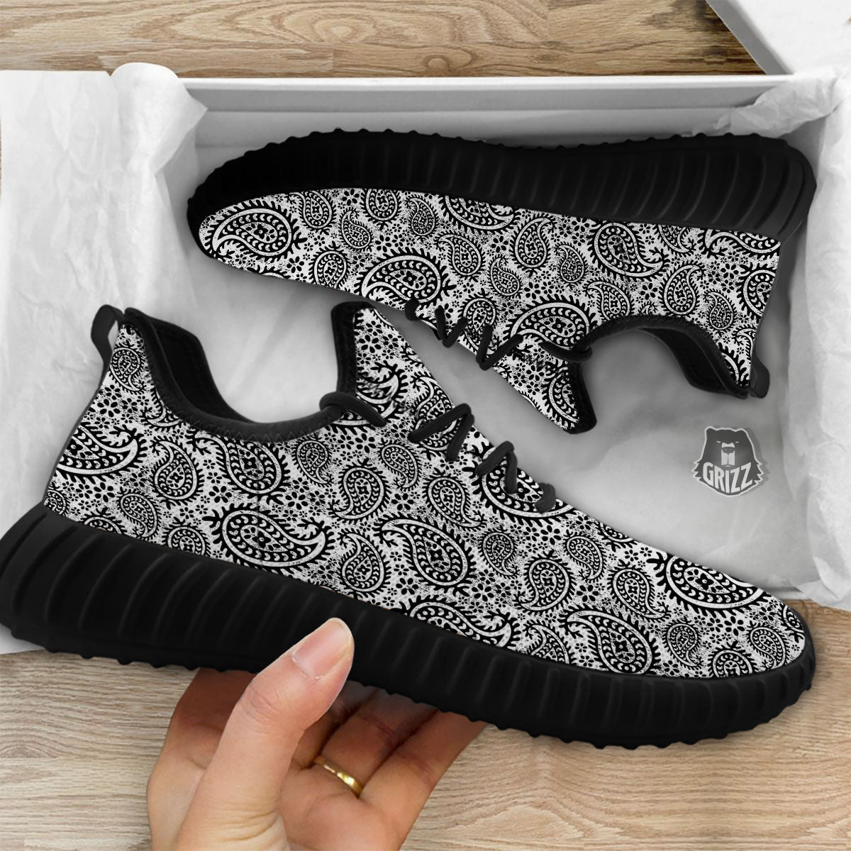 White And Black Paisley Print Pattern Black Walking Shoes-grizzshop