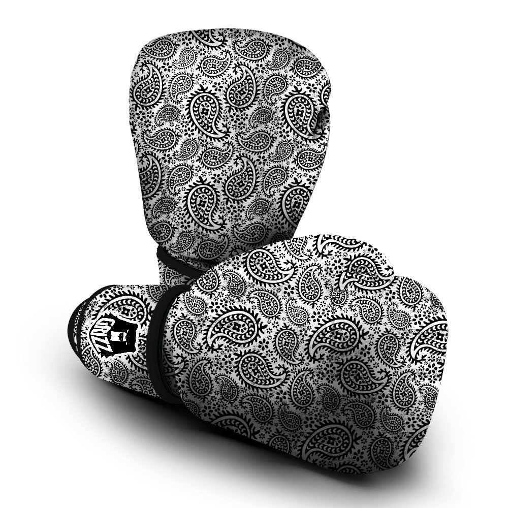 White And Black Paisley Print Pattern Boxing Gloves-grizzshop
