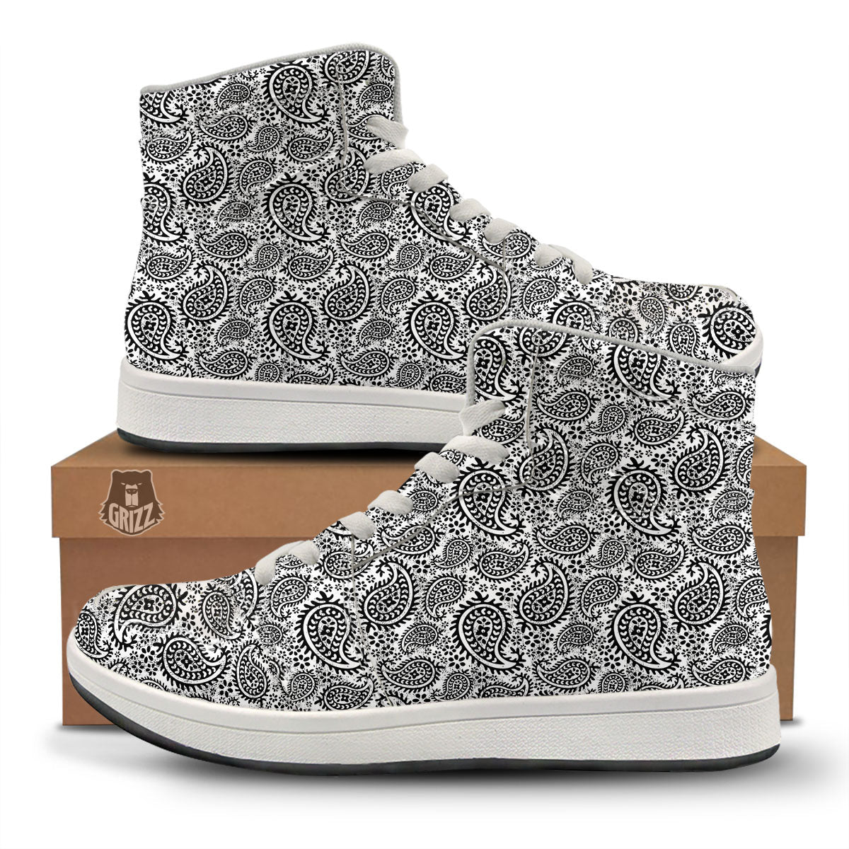 White And Black Paisley Print Pattern High Top Sneakers-grizzshop