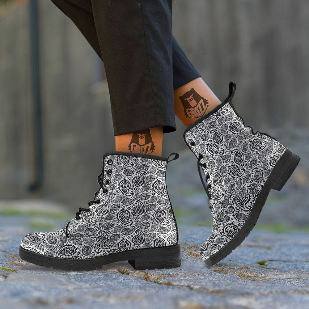White And Black Paisley Print Pattern Leather Boots-grizzshop