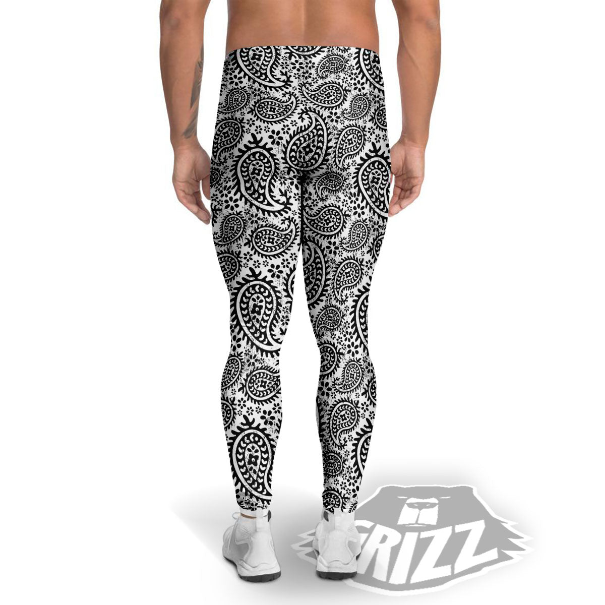 White And Black Paisley Print Pattern Men's Leggings-grizzshop