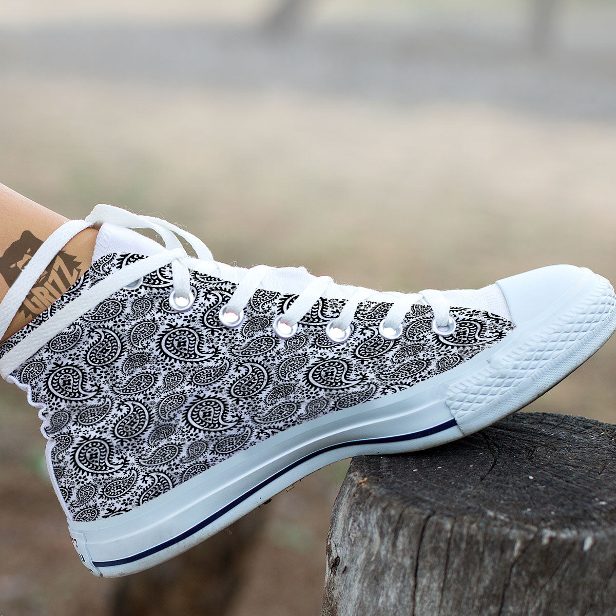 White And Black Paisley Print Pattern White High Top Shoes-grizzshop