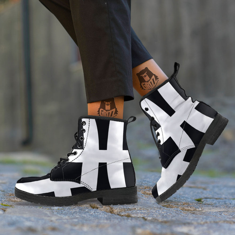 White And Black Pisces Sign Print Leather Boots-grizzshop